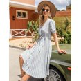 thumbnail image 2 of Women's Wrap V Neck Floral Pleated Dress Short Lantern Sleeve Belted Flowy A Line Midi Dress, 2 of 5