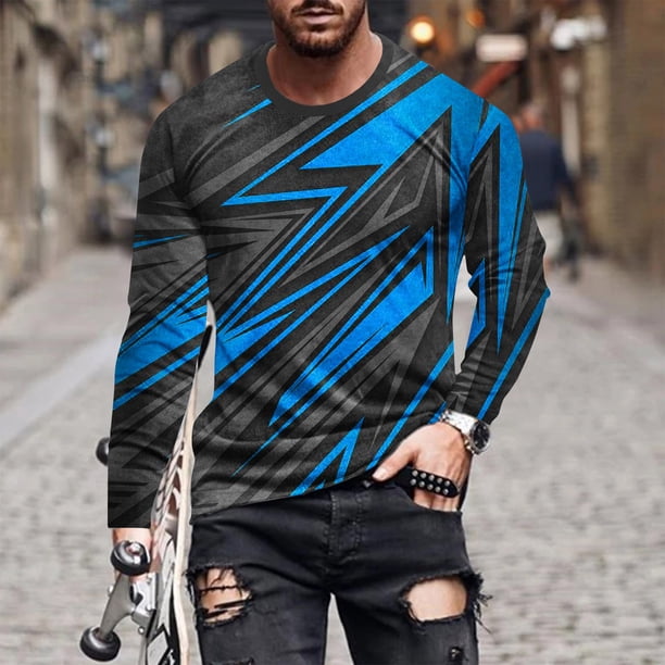 Blusas y camisas de manga larga con cuello redondo para hombre, blusa informal de manga larga con cuello redondo y estampado de rayas, blusa de poliéster para hombre