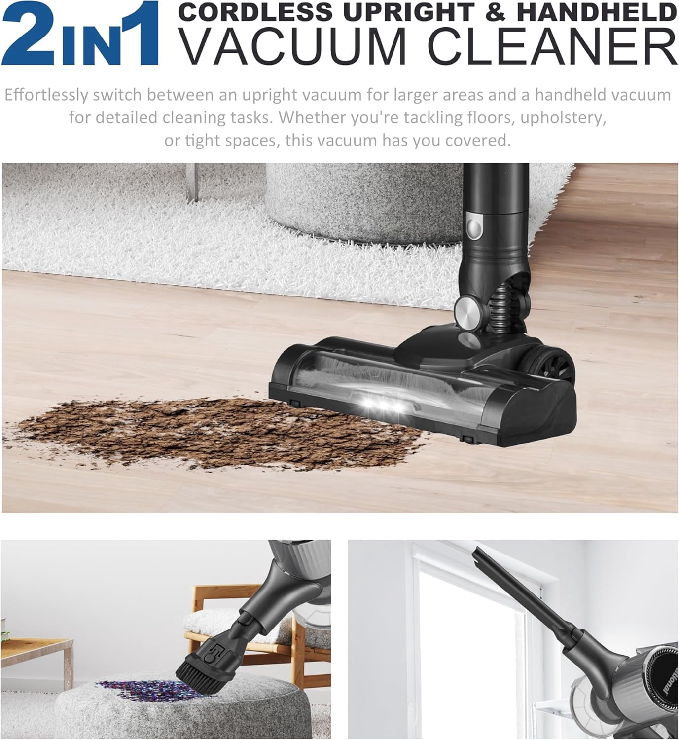 National NA-870V 2-in-1 Cordless Upright & Handheld Vacuum Cleaner, 22kPa Suction, 250W Motor, 35min Runtime, Washable Filter