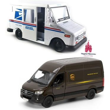 Diecast Toy Trucks Gift Set of 2  UPS Sprinter Van and Mail Truck  Pullback Truck Toys for Boys and Girls  Detailed Interior, Moveable, Openable Door