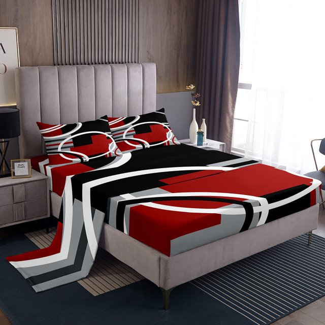Erosebridal Ensemble de Draps Noir Rouge Gris à Cercles Format Grand, Ensembles de Literie à Lignes Rayées Abstraites Format Grand 4 Pcs