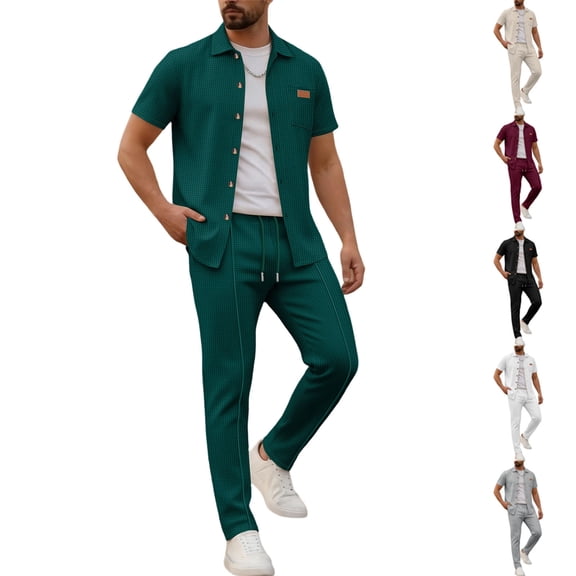 Mens Summer Waffle Knit Business 2 Piece Set Casual Outfits Button Down Short Sleeve Shirt & Loose Drawstring Pants Textured Striped Tracksuit Walking Suits Big and Tall Size S-3XL White