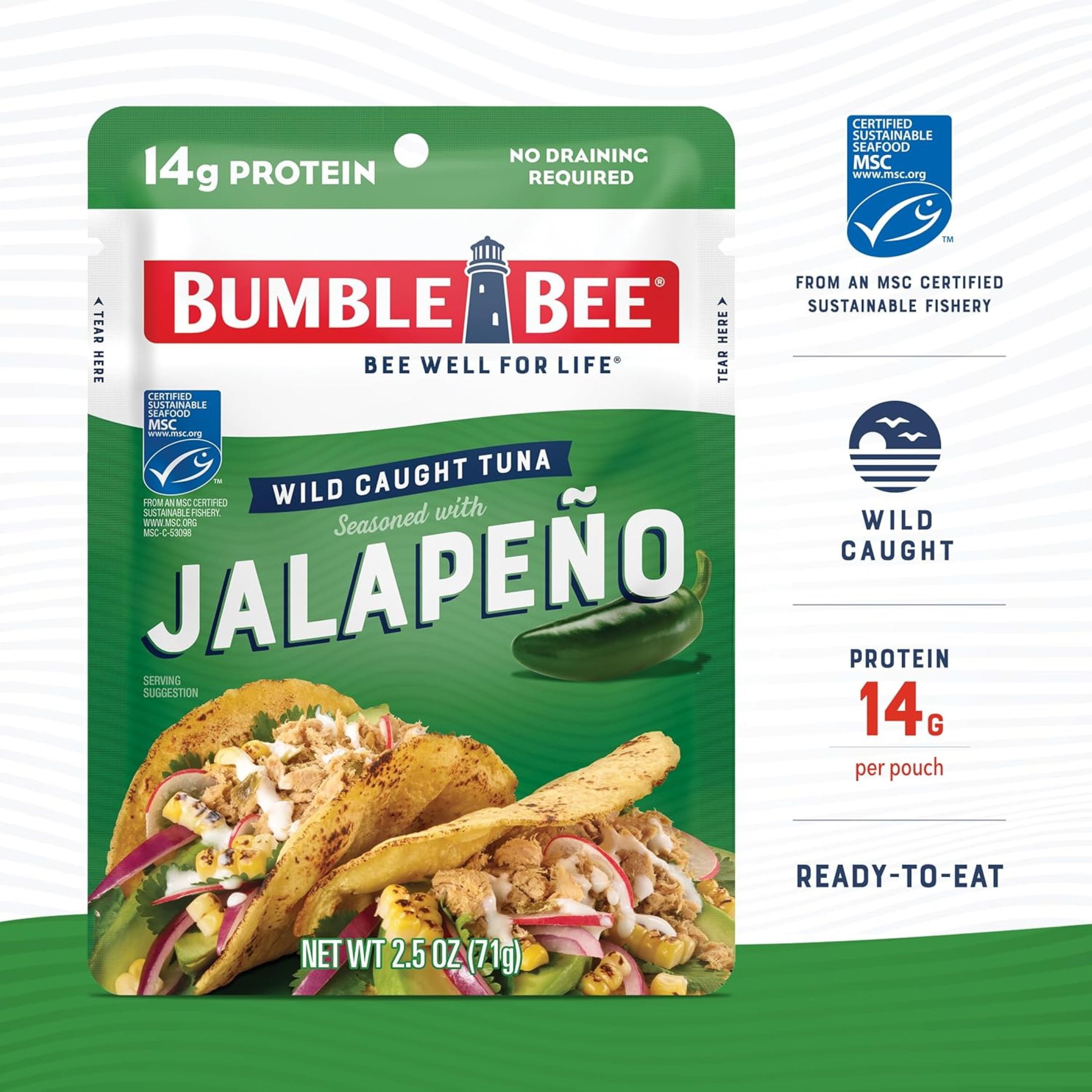 (4 pack) Bumble Bee Jalapeno Seasoned Light Tuna, Wild Caught, Gluten Free, 14g Protein per Serving, Ready to Eat, Shelf Stable Pouch, 2.5 oz
