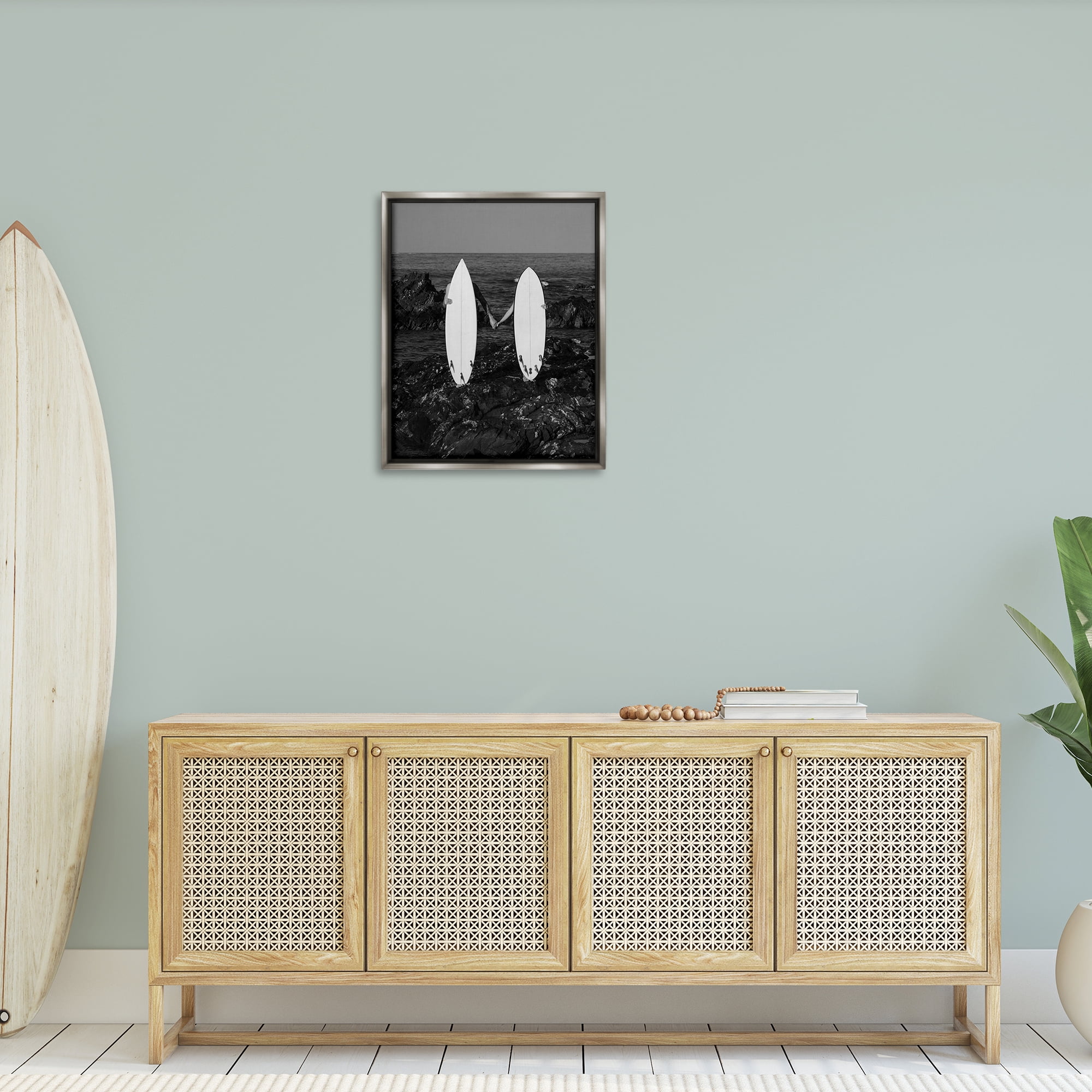 Stupell Industries Romantic Surfer Couple Sports Photography Gray Floater Framed Canvas Art Print Wall Art, 25 x 31