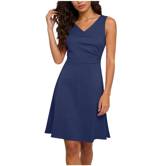RYRJJ Womens Cocktail Dresses A-Line Flowy Mini Dress Elegant Summer Ruched V Neck Party Sleeveless Business Work Dresses(Navy,3XL)