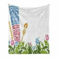 thumbnail image 1 of Tiki Bar Soft Flannel Fleece Throw Blanket, Surrounded by Fresh Vibrant Hibiscus Flowers Polynesian Print, Cozy Plush for Indoor and Outdoor Use, 70" x 90", Pale Blue Pink Green, by Ambesonne, 1 of 6