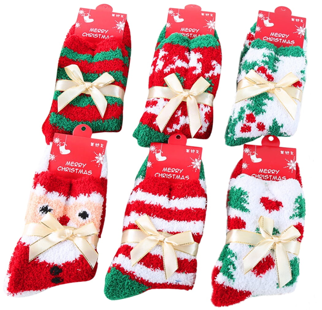 PUSHTEK 6 Pairs Christmas Fuzzy Crew Socks Warm Winter Socks for Women Men