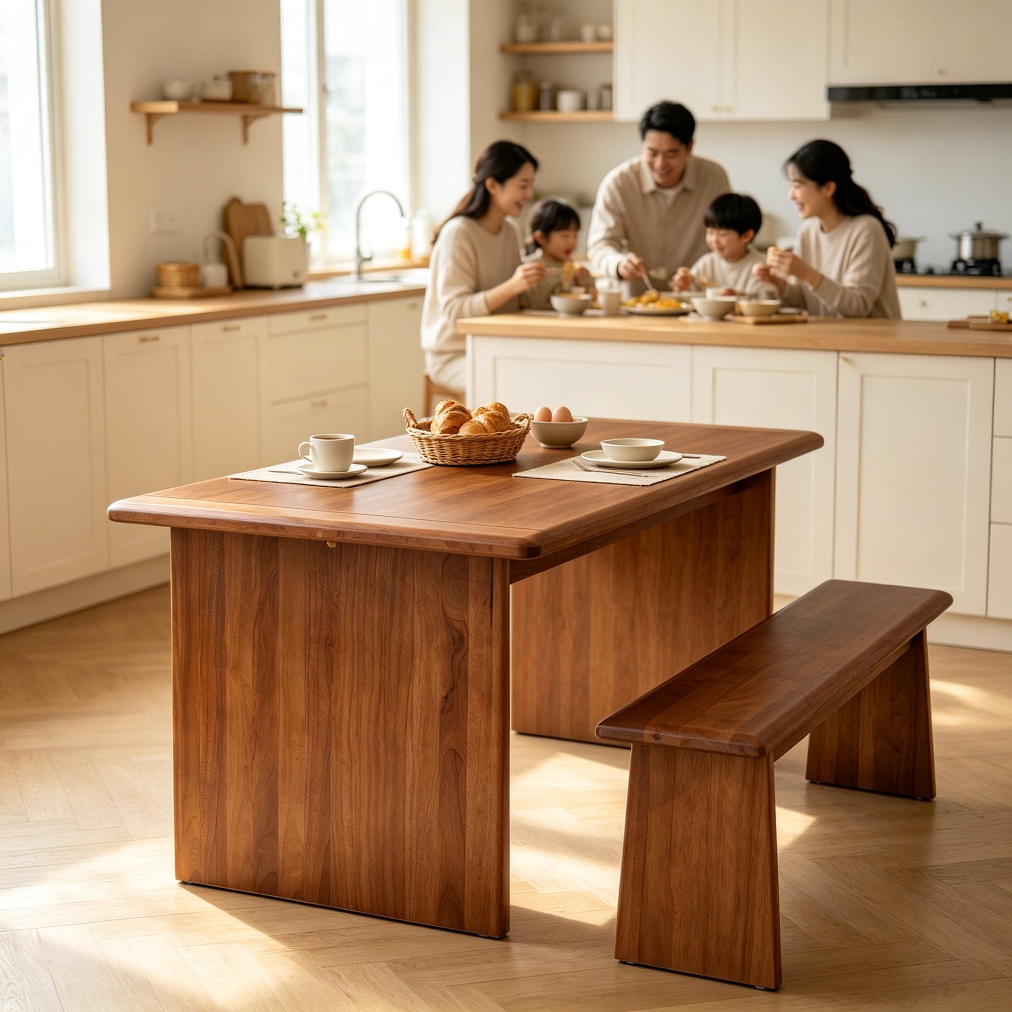 Solid Wood Dining Table Set with Bench Rectangular Walnut‑Tone Dinner Table with Matching Wooden Bench Heavy‑Duty Farmhouse Kitchen Dining Furniture for Home Kitchen Dining Room Perfect for Family