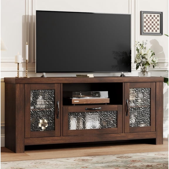 TV Stand for 65 Inch TV, Farmhouse Entertainment Center with Acrylic Door Storage Cabinet & Adjustable Shelves, Rustic TV Console Table for Living Room Bedroom, Brown