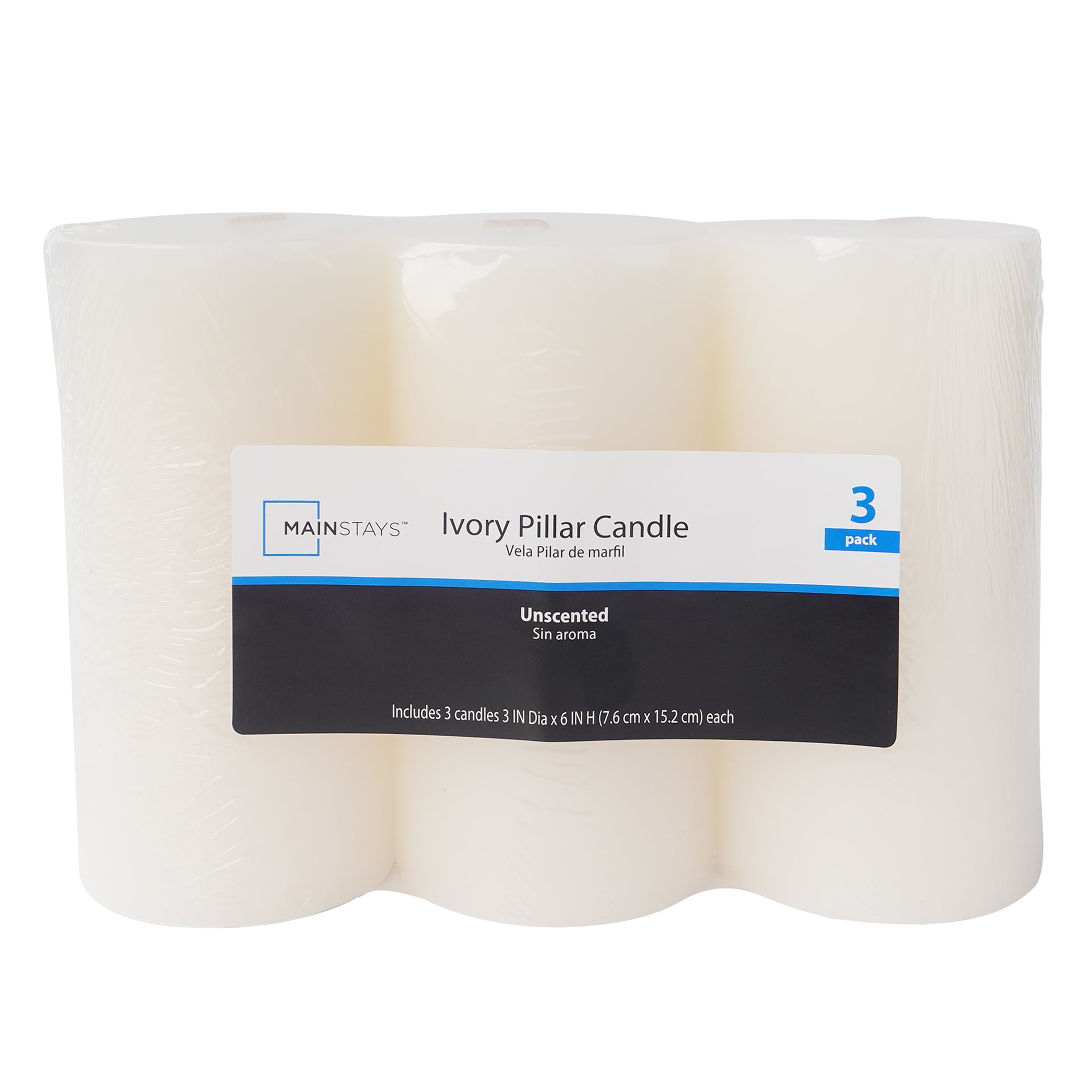 Mainstays Single Wick 3" x 6" Pillar Candle, Unscented, Ivory, 3 Pack