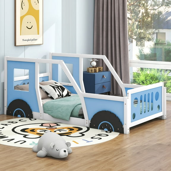 Euroco Car-Shaped Twin Size Wood, Solid Car Bed for Kids Gift, Low Profile Floor for Living Room, Blue