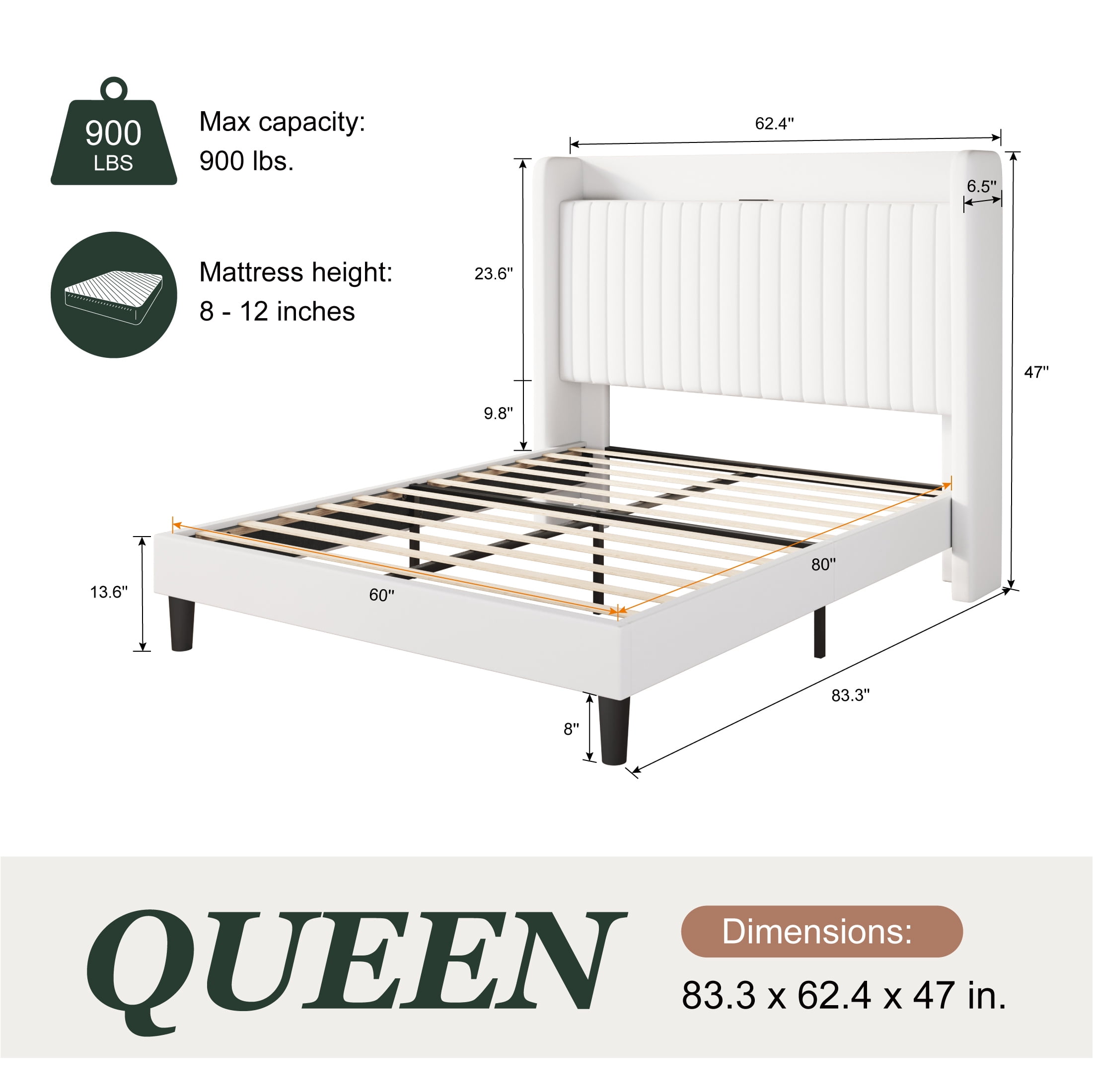 Amolife Queen Size Bed Frame with Advanced 4-in-1 Charging Hub (2 AC Outlets, 1 Type-C, 1 USB) & Storage Shelf, Upholstered Velvet Wingback Headboard, White