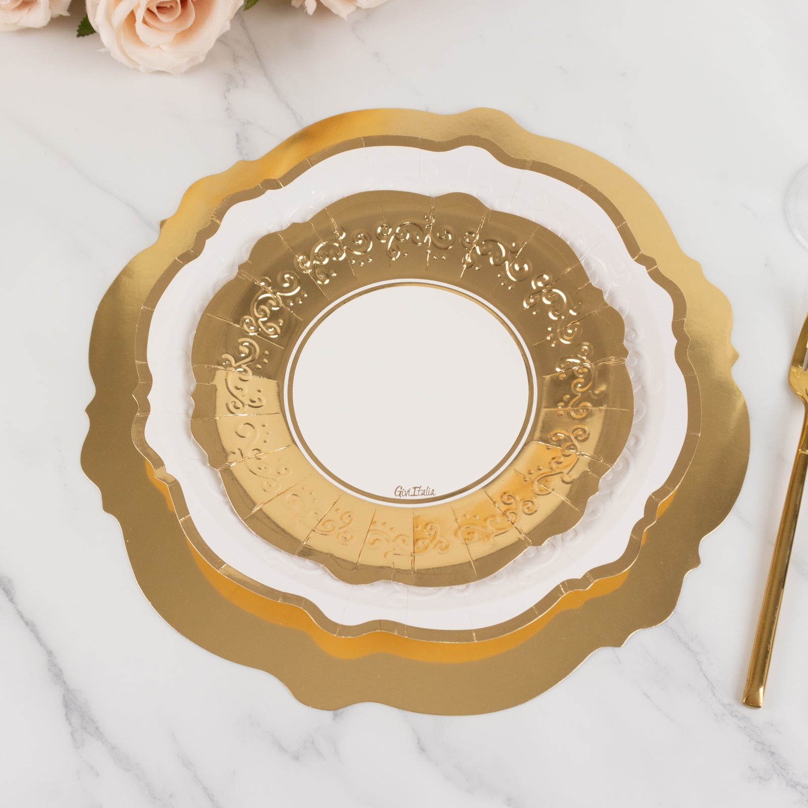 Efavormart 75 Pcs White Gold Heavy Duty Paper Plates with Embossed Scalloped Rim, Round Disposable Charger Dinner Salad Party Plates - 8",10",13"