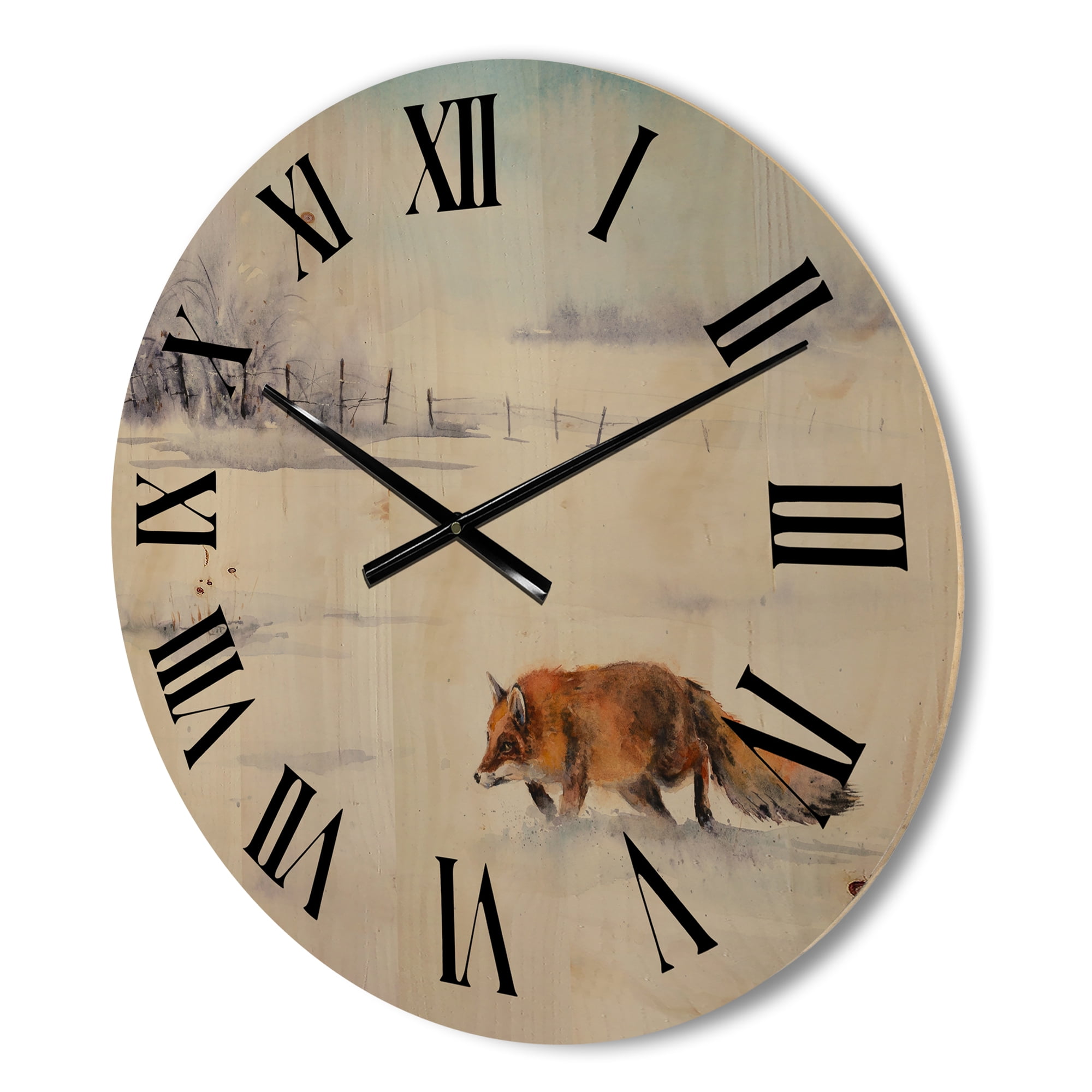 Designart 'Red Fox Running In White Snow in Countryside I' Farmhouse Wood Wall Clock