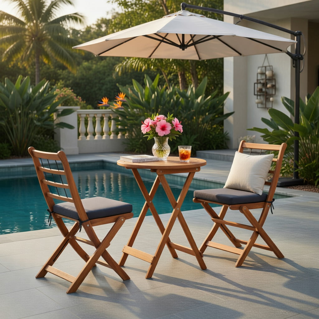 Hommoo 3-Piece Acacia Wood Folding Patio Bistro Set with Cushions, Outdoor Dining Set for Balcony, Porch & Garden, Gray