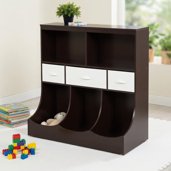 Topcobe Freestanding Combo Cubby Bin Storage Organizer Unit W/3 Baskets, Kids Toy Storage Organizer-Brown