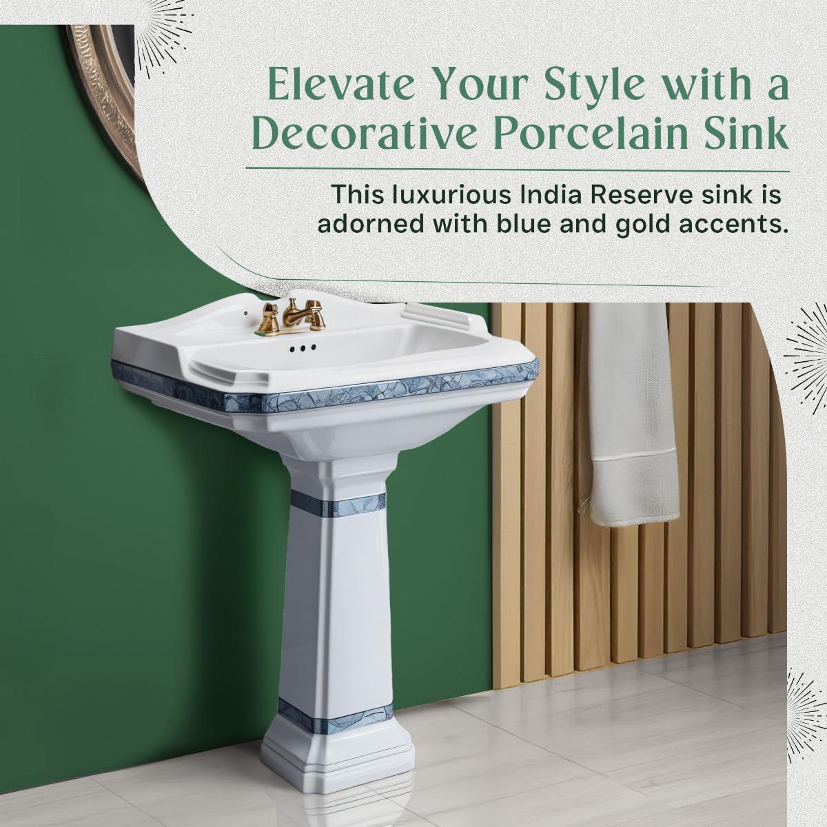 India Reserve Bathroom Pedestal Sink Blue and Gold Accent Porcelain Washbasin w/Overflow & Centerset Faucet Holes| Renovators Supply