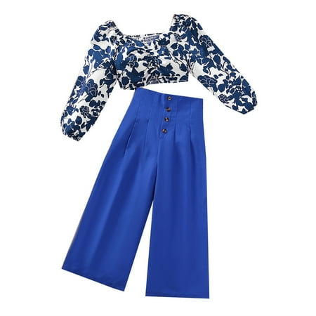 

Long Sleeve Cute Tops for Teens Kids Toddler Girls Long Sleeve Flower Print Tops Solid Trousers Pants Outfit Set 2PCS
