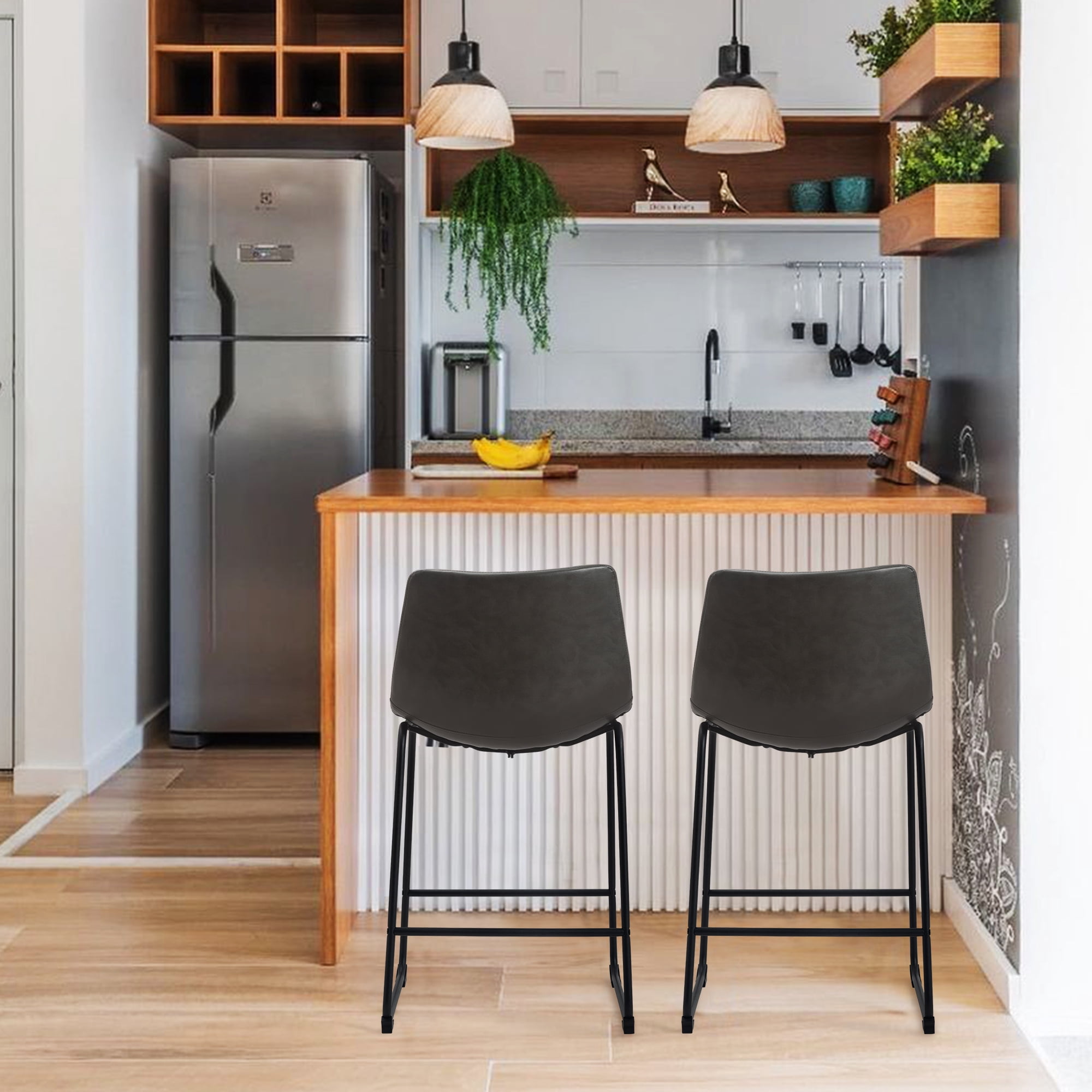 Set of 2 Fabric Bar Stools Low Back Counter Height Bar Stool with Leather Pub Chairs Height 34" Grey