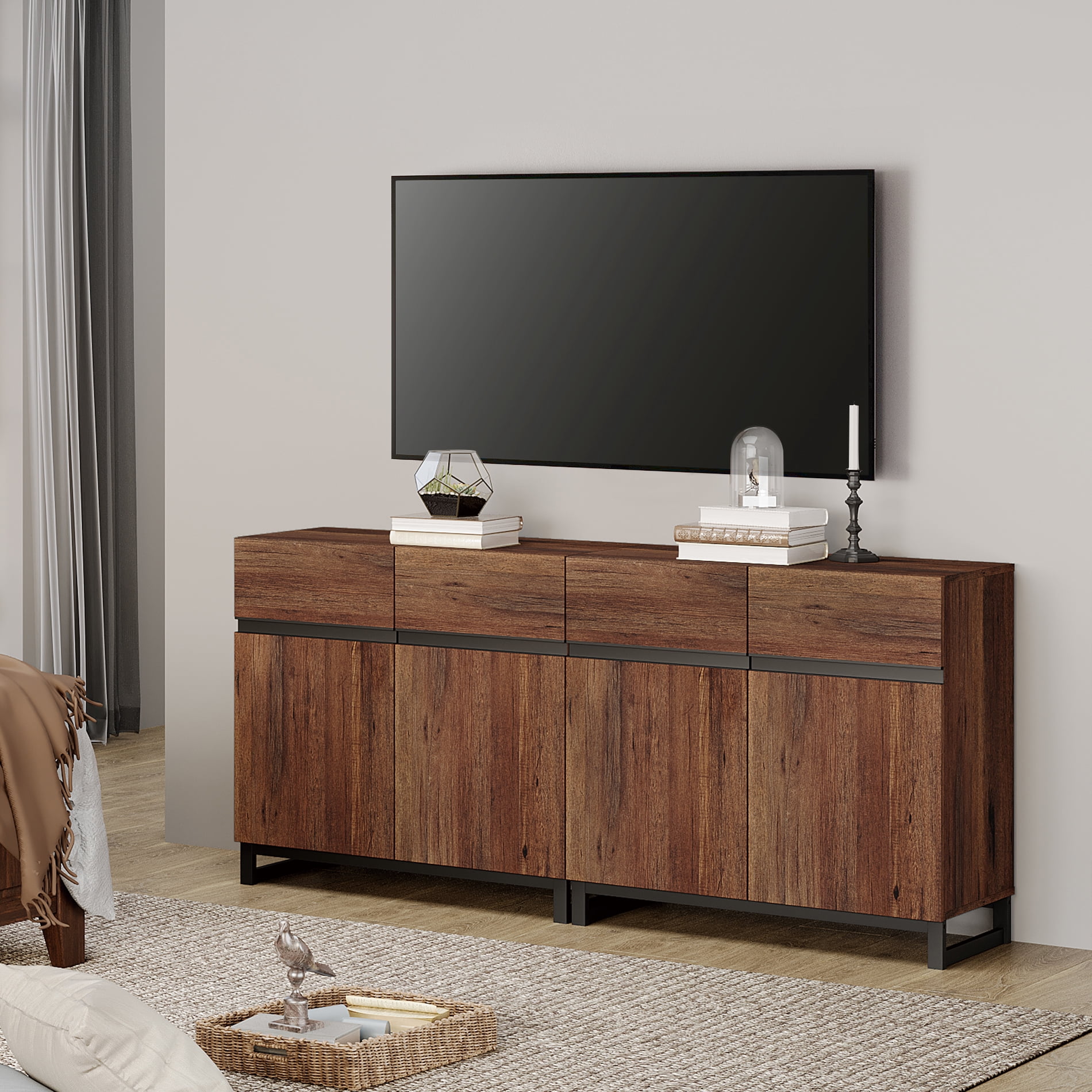 WAMPAT Modern TV Stand for TVs up to 70 inch, 2 in 1 Entertainment Center TV Console with Adjustable Shelves and Metal Base for Living Room,Bedroom,Brown