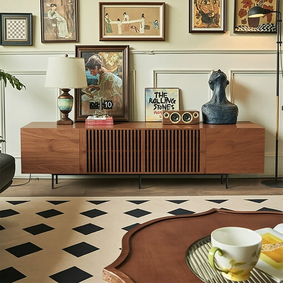 gaoyangjiaju 94.48" Mid Century Modern TV Stand for TVs up to 70"-90",Tv Console with 4 Storage Cabinets, Media Furniture for Living Room or Bedroom,Walnut