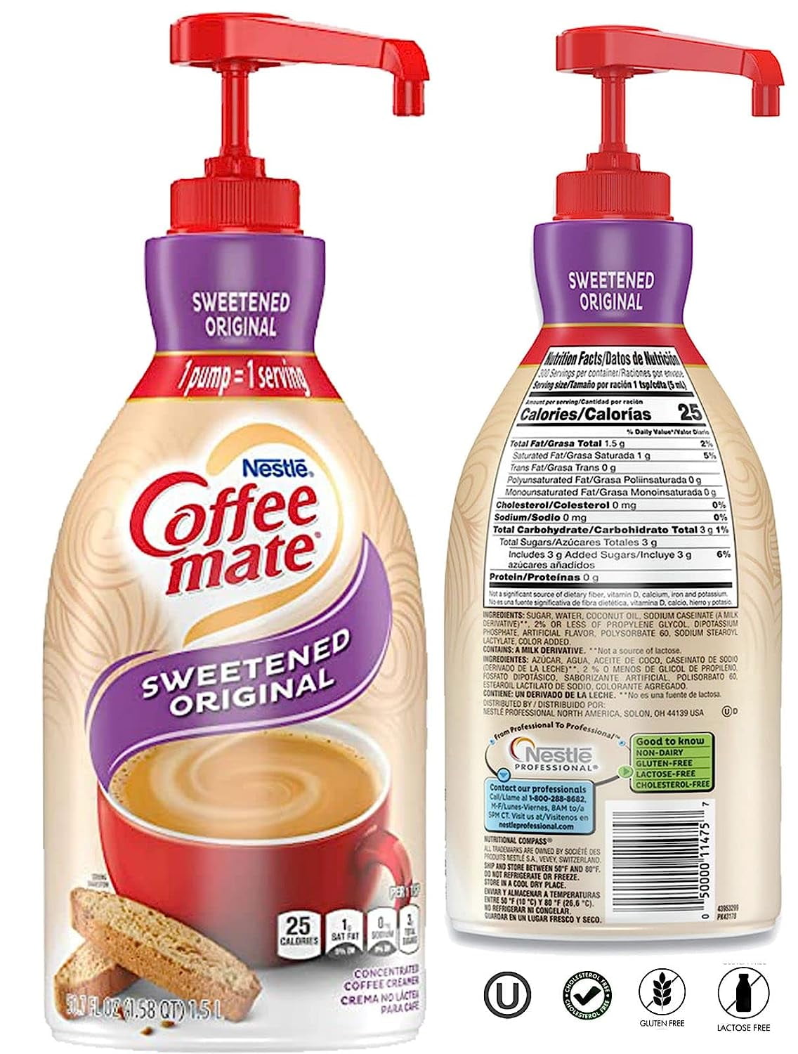 Coffee mate Creamer, Non Dairy, No Refrigeration, 50.7 Ounces, Sweetened Original Liquid Concentrate, 1.5 Liter Pump Bottle (Pack of 3) with BestBonus4u Complete Recipe E-Book of 20+ Delicious Coffee.