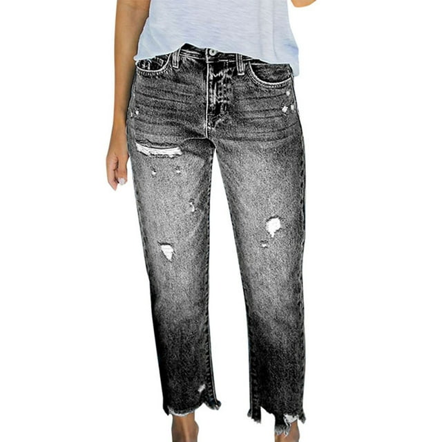 Yuyuzo Women Skinny Jeans Mid Waisted Pockets Ripped Straight Leg Loose Stretchy Denim Pants