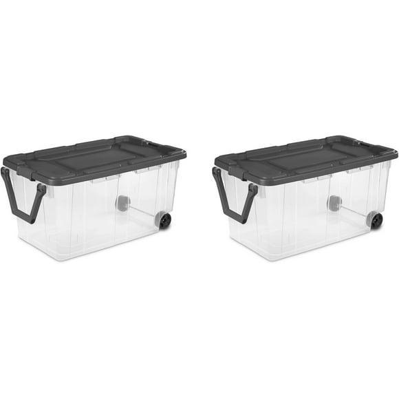 For Sterilite 160 Qt. Wheeled Storage Box Plastic, Lidded Stackable Storage Bin Container for Home, Garage, and Camping, 2-Pack, Clear Base/Flat Gray