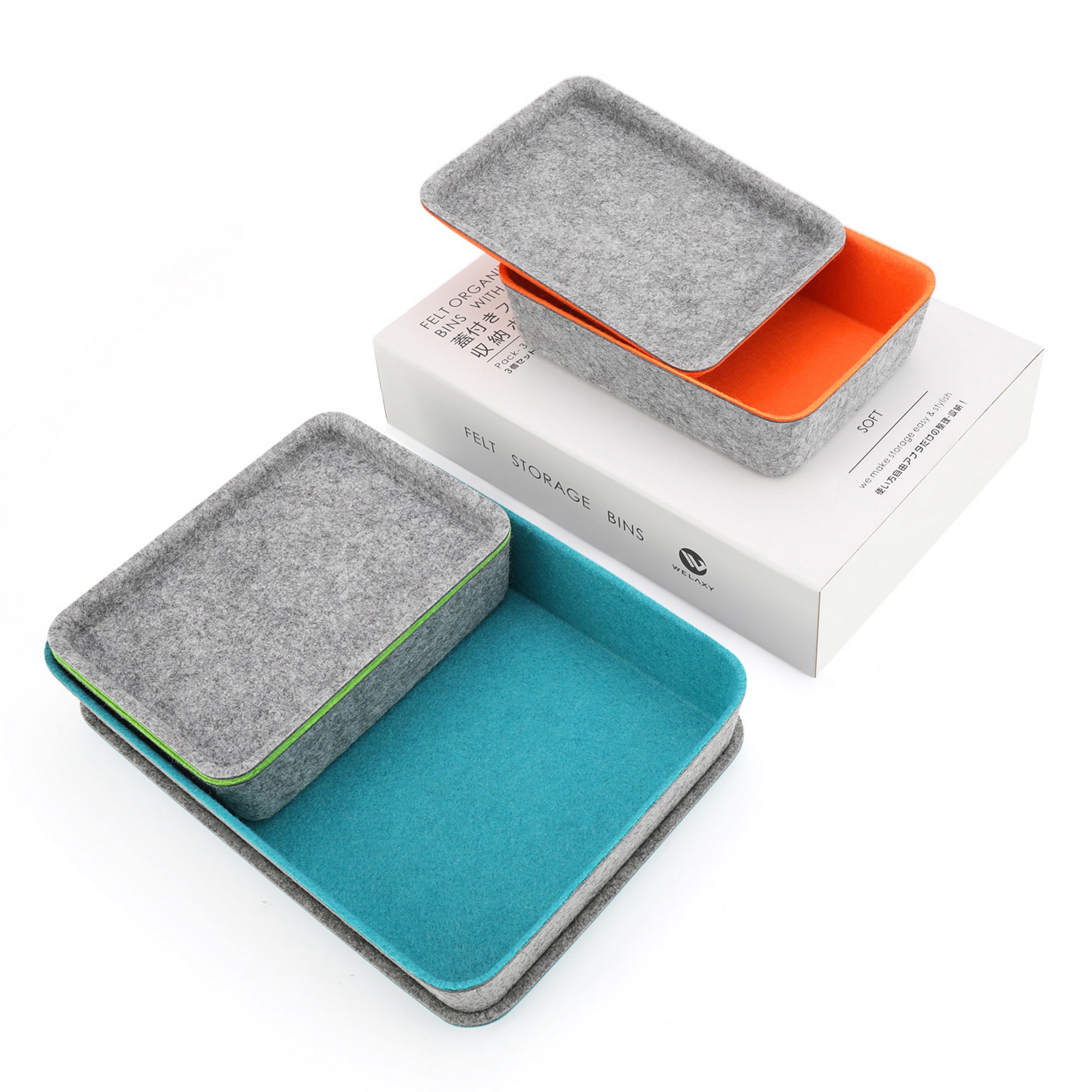 Welaxy Lidded drawer organizer bins home office work desktop storage box with lid for junk makeup stationery organizing 3-pack