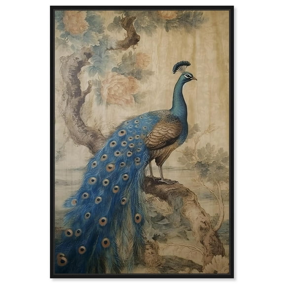 Glistening Peacock Canvas Retro Japanese Art Prints by Art Remedy, Black Frame, 10" x 15"