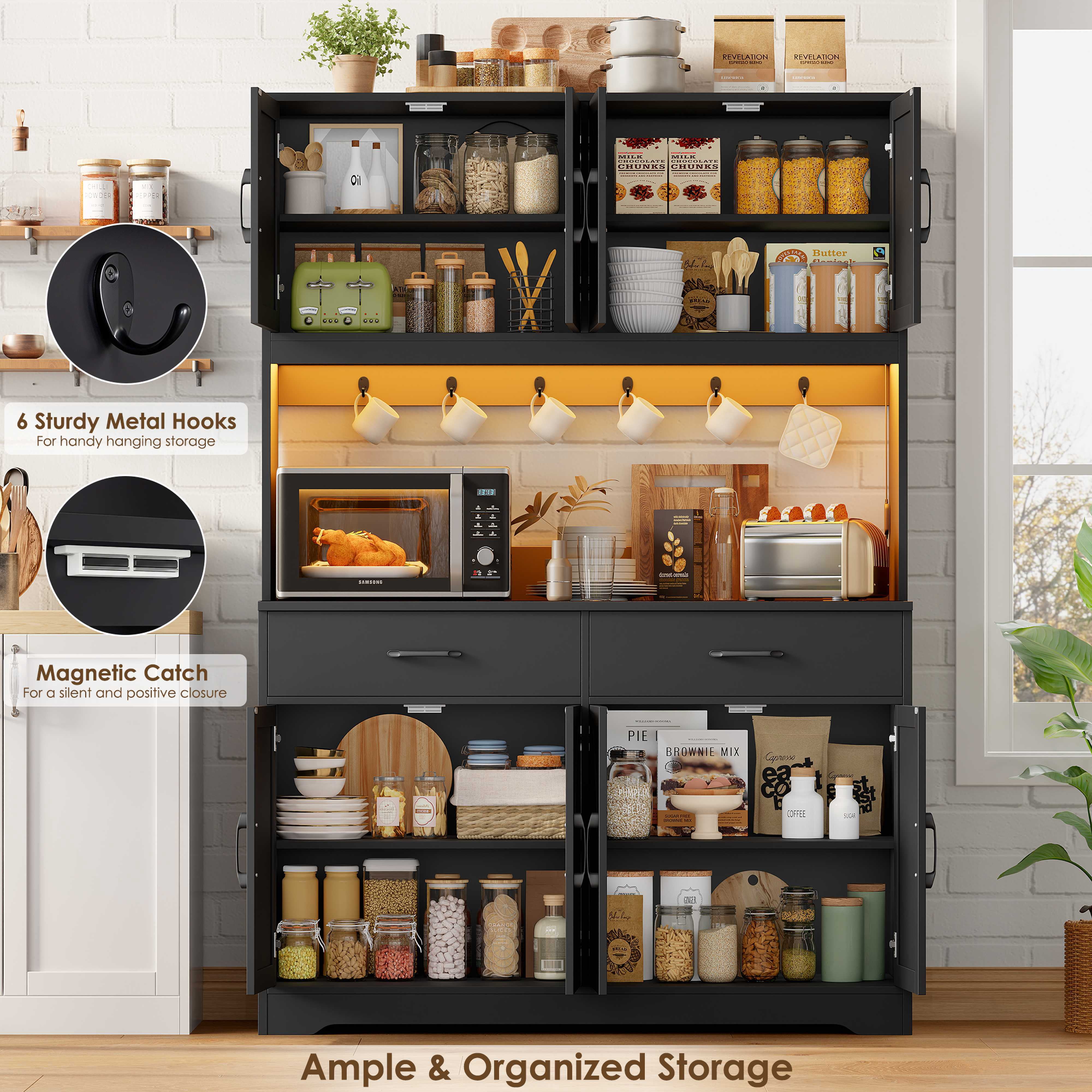 Hiphuta 71" Tall Kitchen Pantry Storage Cabinet with RGB LED and 6 Metal Hooks, Farmhouse Coffee Bar Cabinet with Charging Station, Buffet with Hutch and Microwave Stand, Black