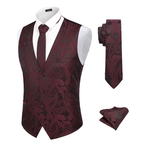 COOFANDY Vest and Tie Sets for Men 3PC Waistcoat Paisley Jacquard Necktie Pocket Square Formal Tuxedo Vests