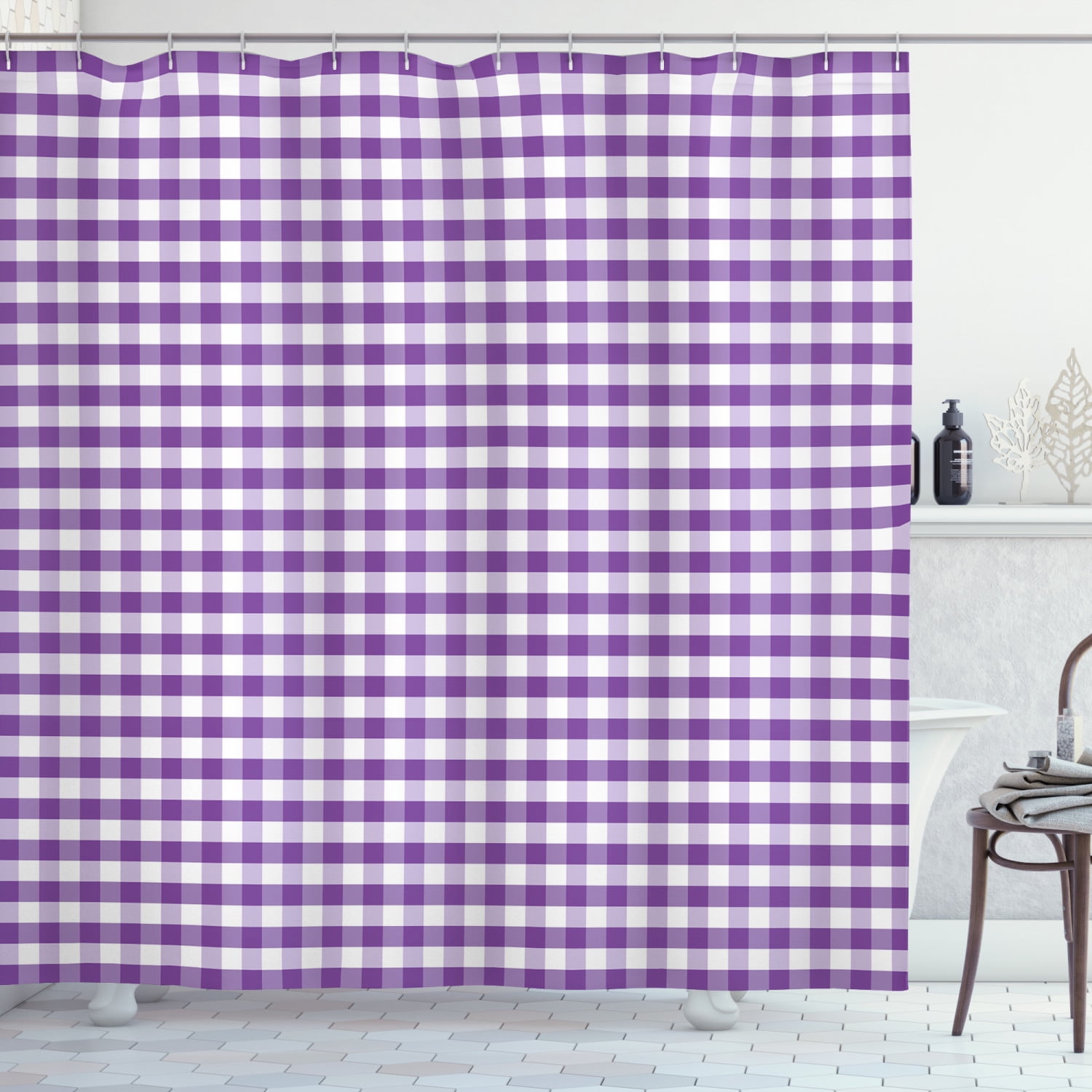 Checkered Shower Curtain, Purple and White Colored Gingham Checks Rows
