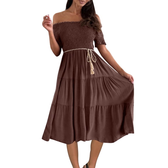 Zpanxa Casual Bohemian Dress Solid Color Strapless Tiered Midi Dress with Tie Front for Beach or Date Night