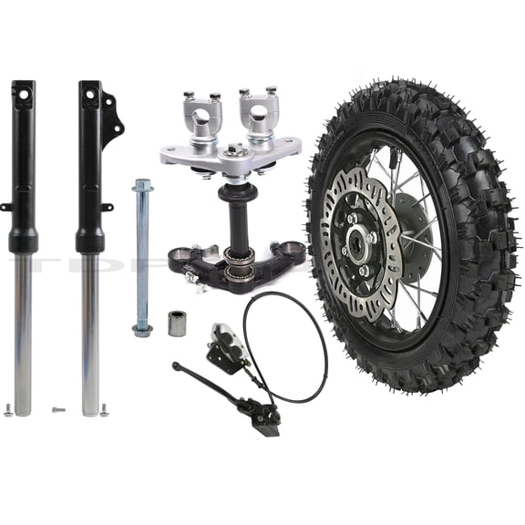 10" Front Wheel 2.50-10 Tire Rim w/Front Forks Shock Triple Clamp Disc Brake Assembly For CRF XR 50 CRF50 XR50 Pit Dirt Bike Apollo Coolster SSR 50cc 70cc 90cc 110cc 125cc