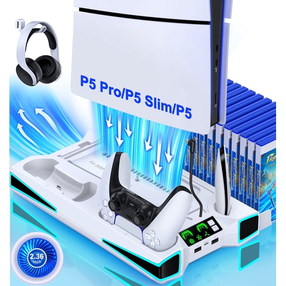 EUROA PS5 Cooling Station for PS5 Pro/Slim/Disc/Digital Edition Console with Dual Controller Charging Station, 3-Stage Cooling Fan, 13 Game Slots