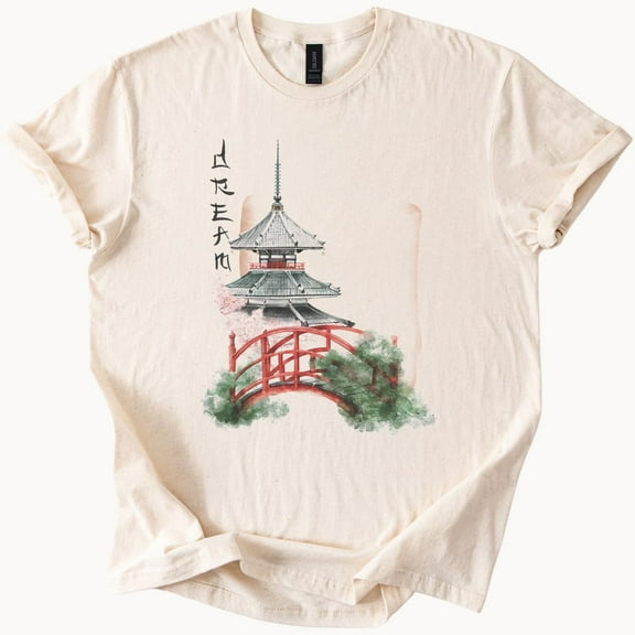 Kiraa Tee With Japanese Pagoda And Red Bridge Watercolor Dream Graphic T Shirt Asian Temple Art Nature Aesthetic Tee Japan Inspired Shirt Design Birthday Gifts; For Men & Women