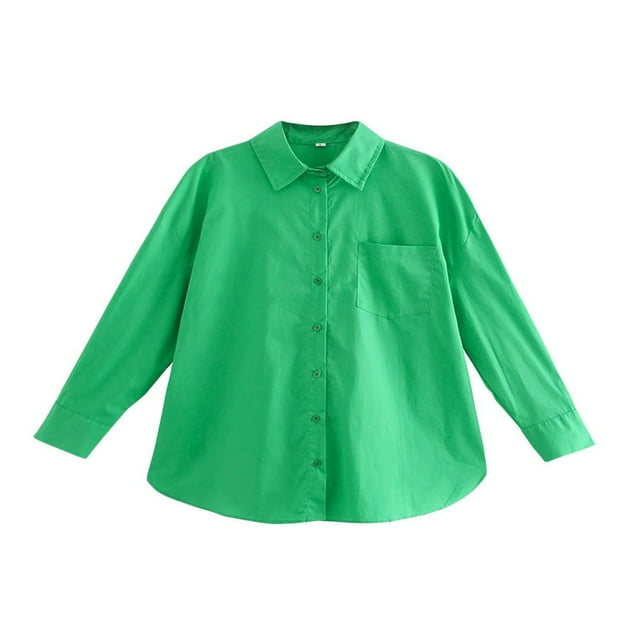 Chemisier à Manches Longues pour Femmes Couleur Unie Col Rabattu Boutonné Coupe Ample Style Décontracté Simple