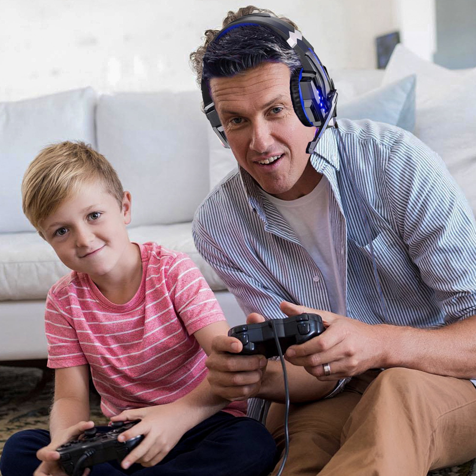 SPBPQY G9000 Stereo Gaming Headsets for PC P4 P5 Controller, Noise Cancelling Over Ear Headphones with Mic, LED Light, Bass Surround, Soft Memory Earmuffs (Blue)