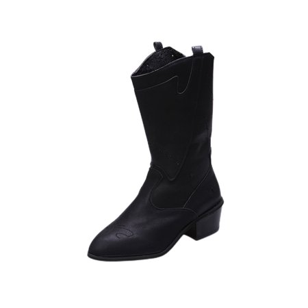 

Tenmix Womens Slip Resistant Western Cowgirl Boots Outdoor Comfort Mid Calf Vintage Booties Non-Slip Riding Boot Black 8