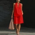 thumbnail image 2 of Qwertyu Linen Short Sets for Women 2 Piece Outfits V Neck Halter Tank Tops Knee Length Bermuda Shorts Beach Loungewear Set Red L, 2 of 6