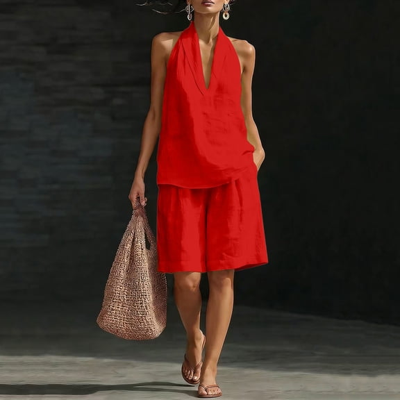 Women's 2 Piece Short Sets Linen Sleeve V Neck Halter Matching Short Suit Summer Casual Oversized Outfits