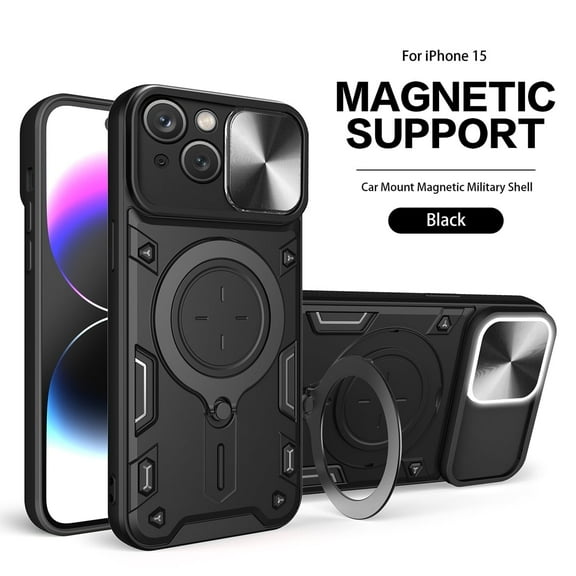 For APPLE IPHONE 15 Phone Cases, TPU PC Shockproof Magnetic Phone Case with Free Adjustment Ring Holder for IPHONE 15 in Black
