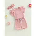 thumbnail image 3 of Coduop Toddler Baby Girls 3 Piece Clothes Set Short Sleeve Ribbed Romper Shorts and Hairband, 3 of 7
