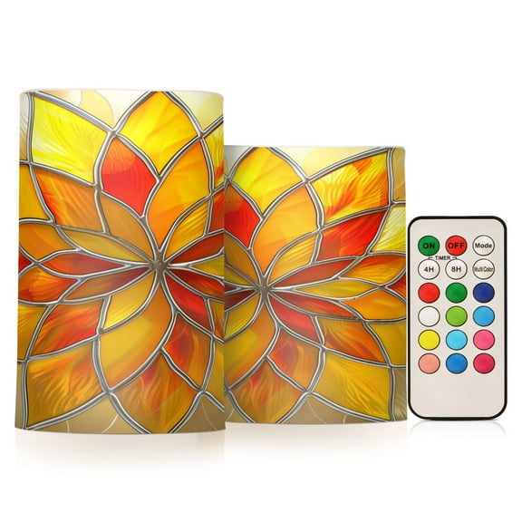 Flickering Flameless LED Candles set of 2 Battery Operated 18-Key Remotes Timer Halloween Fall Decor Yellow Red Floral Stained Glass D3''xH4''5''