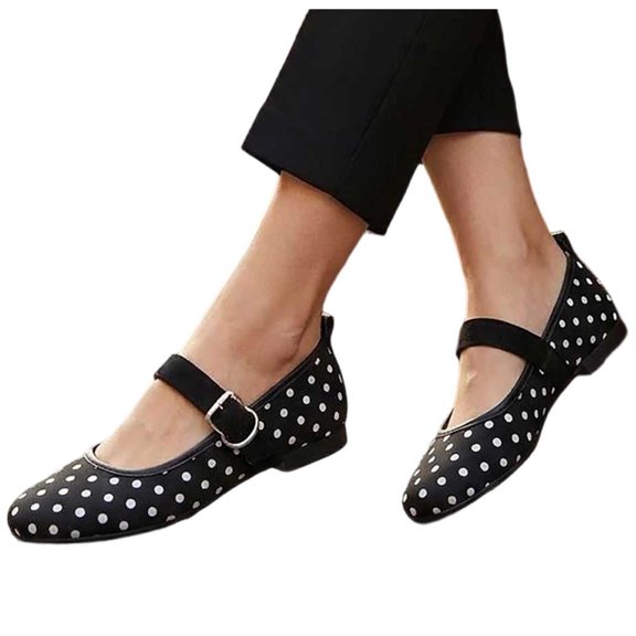 Women's Mary Jane Flats Polka Dot Round Toe Slip On Casual Lightweight Walking Shoes with Adjustable Buckle Strap for Daily Wear Black 6.5