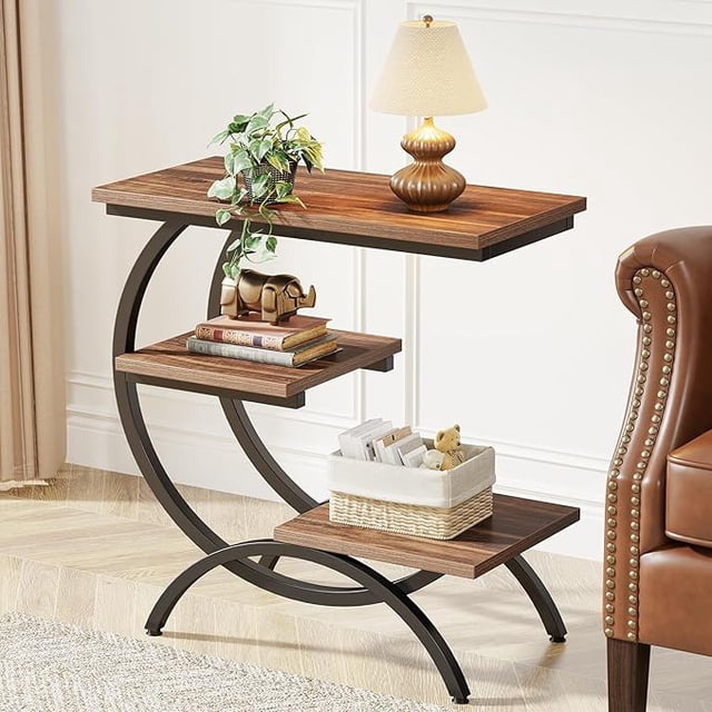 Ensemble de 2 Tables d'Appoint en Forme de C, Petite Table d'Appoint Industrielle à 3 Niveaux pour Canapé
