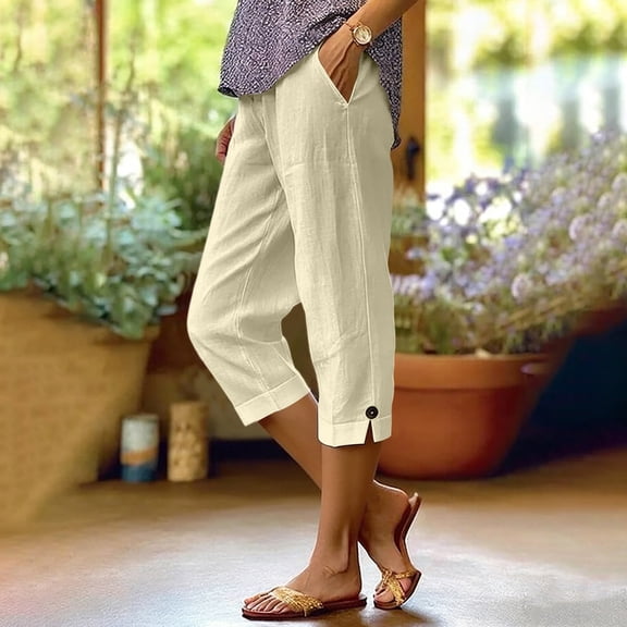 Trikvn Linen Capri Pants Women Elastic Waist Relaxed Fit Straight Cropped Trousers With Pockets Coastal Beach Vacation Summer Casual Pants