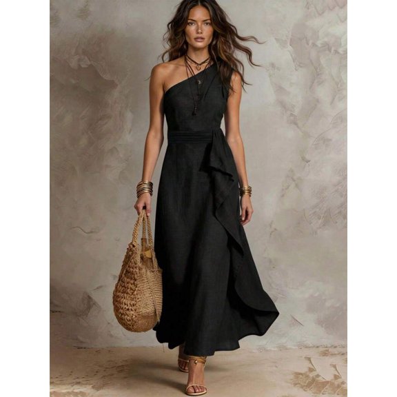 Womens Black One Shoulder Sleeveless Ruffle Long Maxi Dress for Vacation