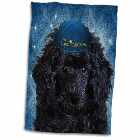 3dRose Cute Black Toy Poodle Puppy in a Yamaka for Hanukkah in Blue - Towel  15 by 22-inch